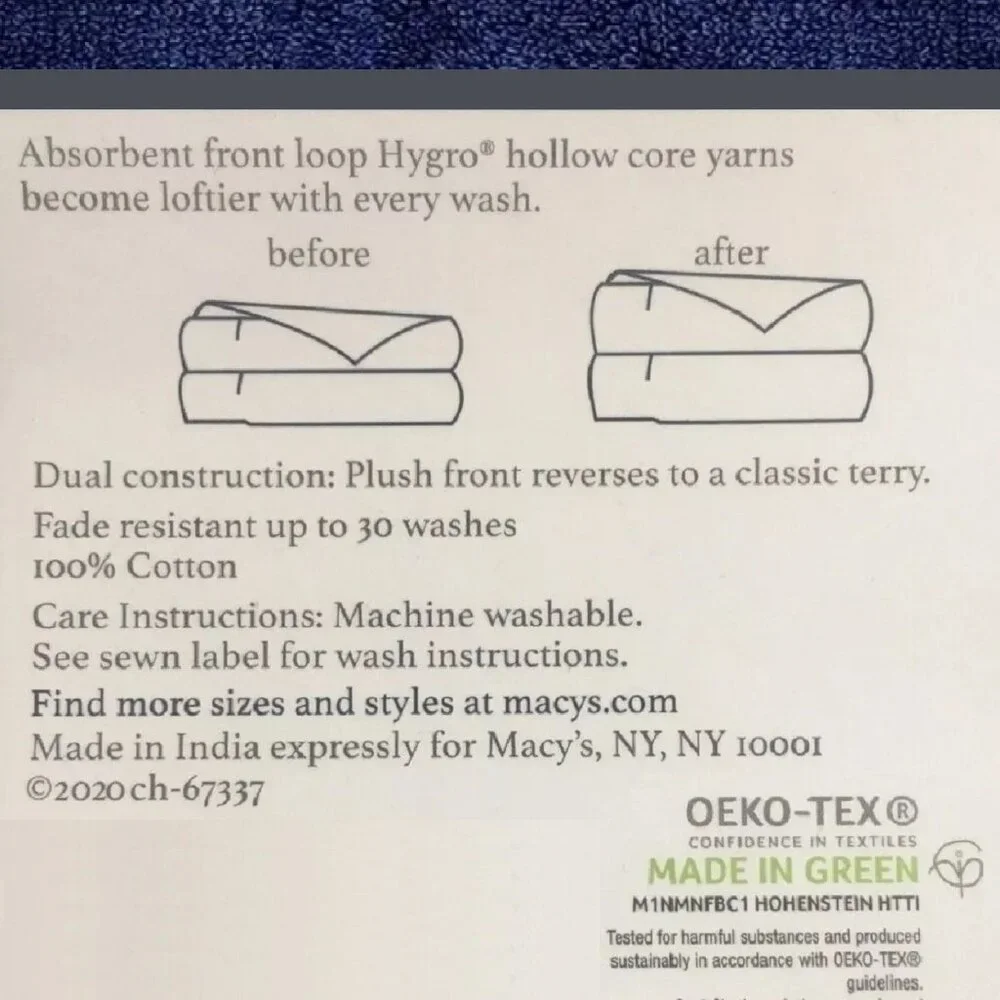 2 new INDIGO BLUE Charter Club Elite 100% Hygro Cotton 33x64 inch BATH SHEETS